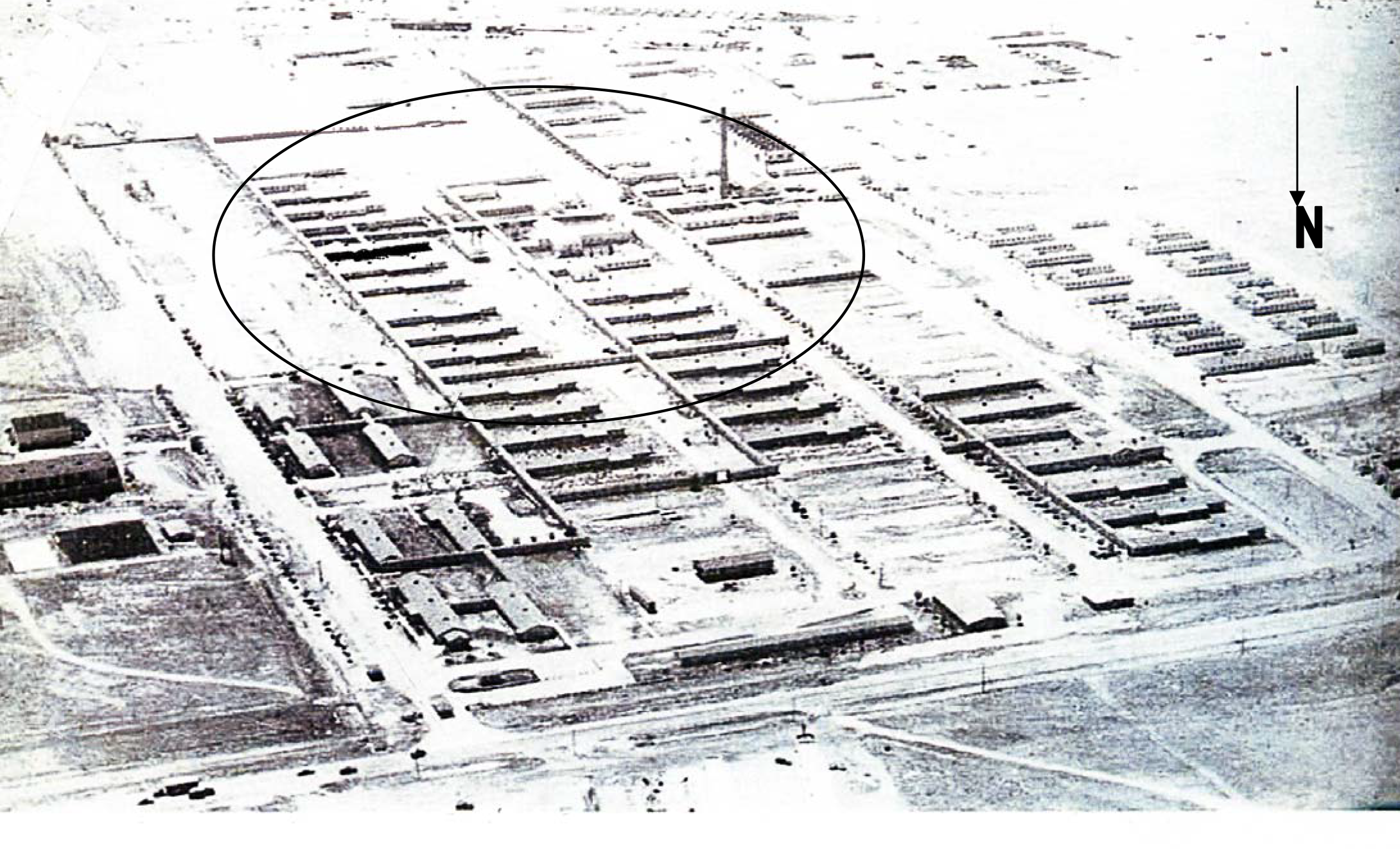 1943 Aerial Photograph from the SMA Phase 1 Environmental Assessment showing the hospital before it was finished. Cerrillos Rd. is in the foreground.