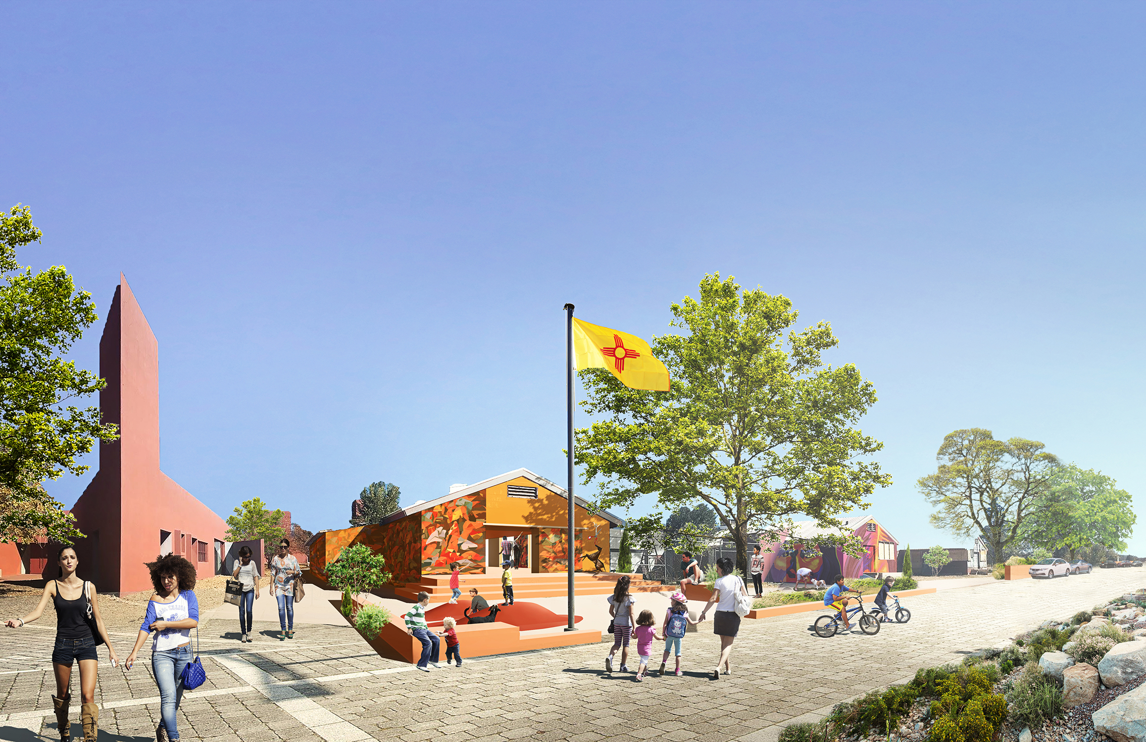 A rendering of the rehabilitated military barracks next to the Santa Fe Art Institute, children playing, people walking and biking, and a New Mexico state flag waving on a tall flagpole under a clear blue sky. The scene is landscaped with trees, plants, and a paved walkway.