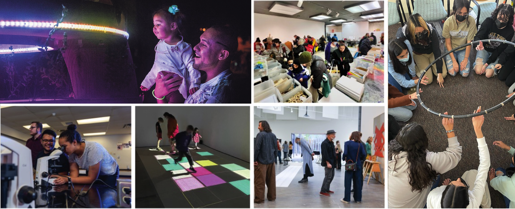 A collage of community activities: a father and daughter admire a glowing light installation at night; people browse through art supplies at a busy indoor event; a group of masked teenagers collaborate on a hoop activity; students explore science with microscopes; children jump and play on an interactive digital floor; and adults engage in conversation while viewing artwork in a contemporary gallery.