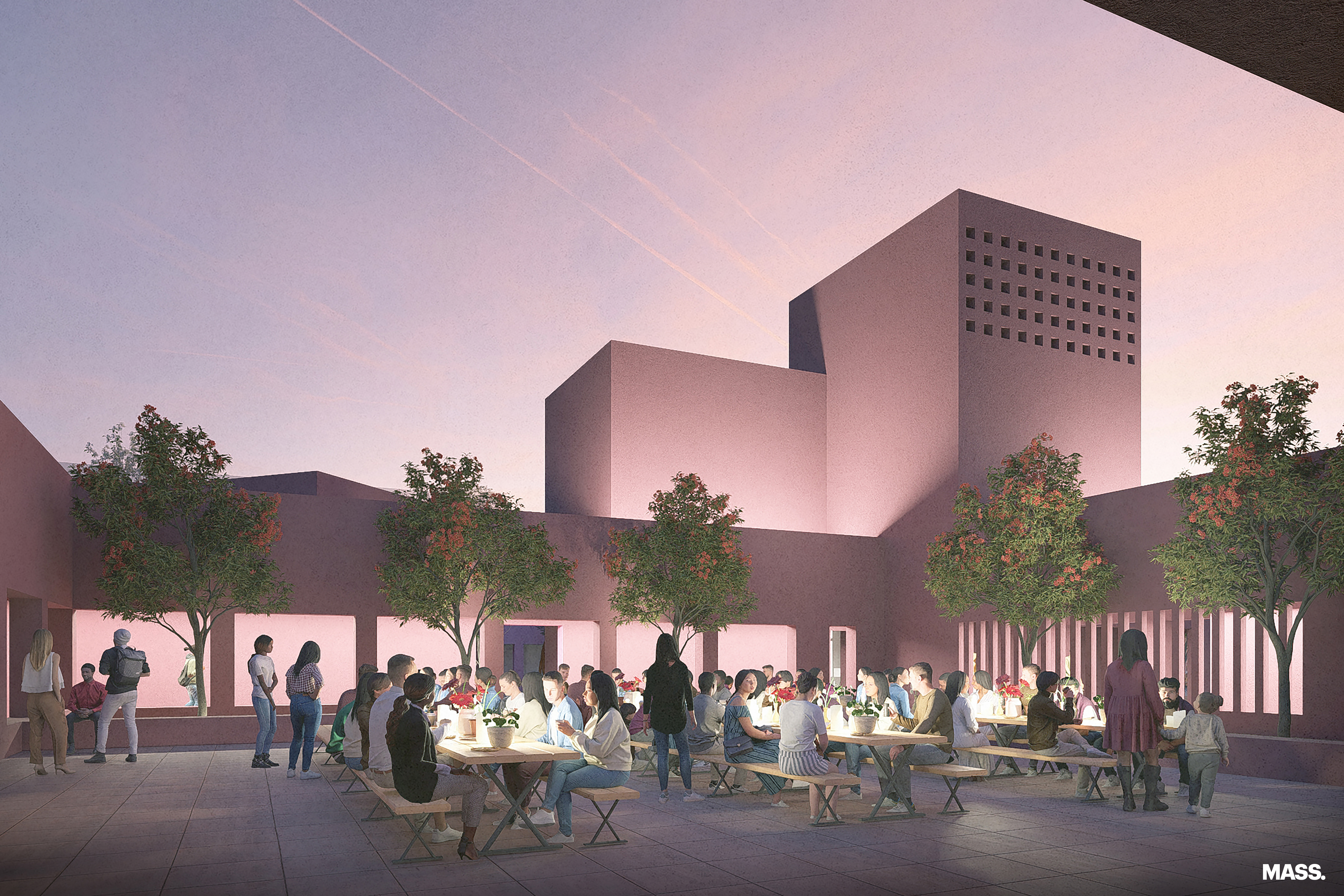 Rendering of the future MADA site at dusk, showing people walking, sitting, and gathering around landscaped areas and a youth-run café with outdoor seating.