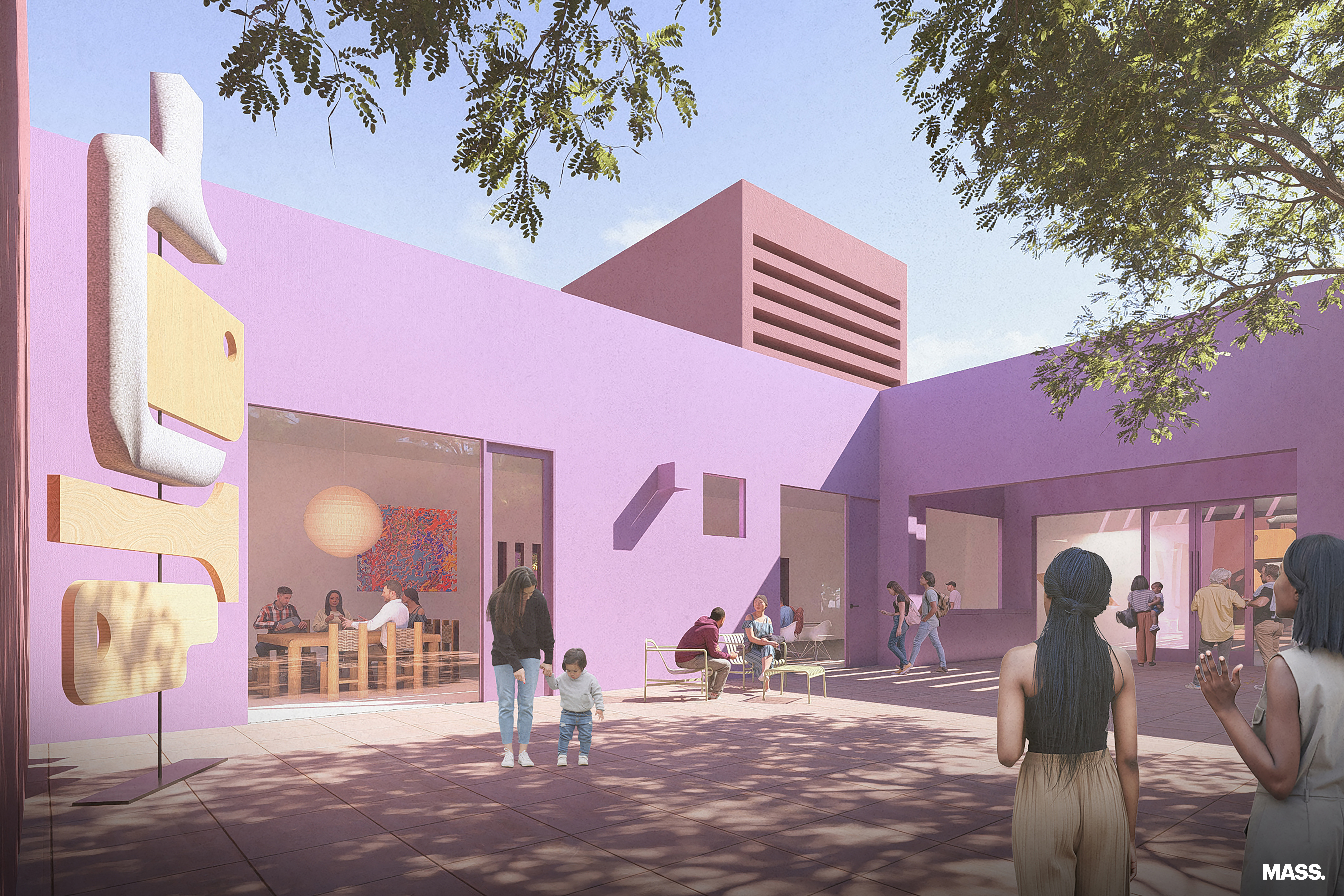 Rendering of the Phase 1 MADA courtyard and community room.