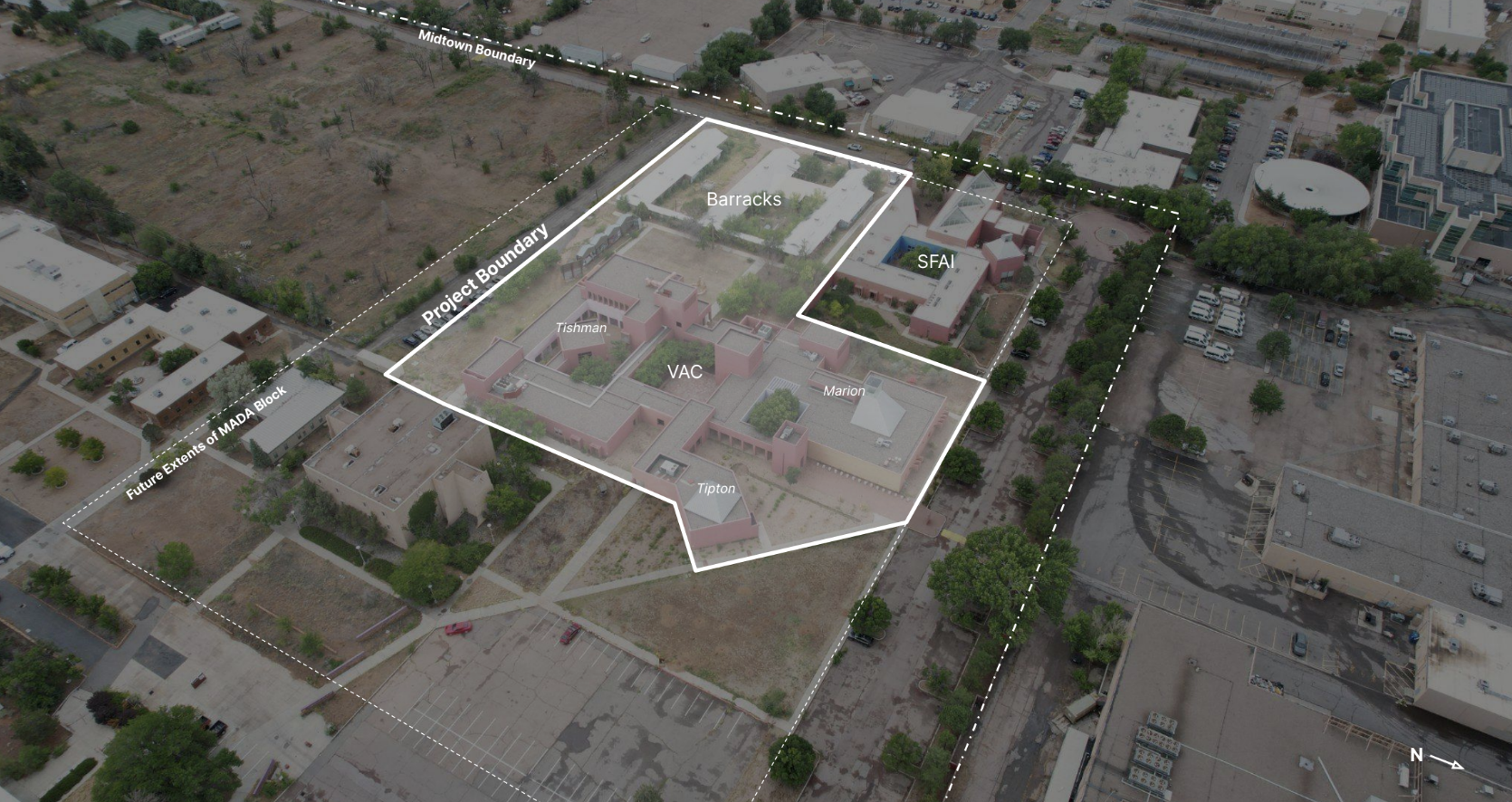 Aerial view of the Midtown Santa Fe project area, with outlined project boundaries highlighting buildings like the Visual Arts Center, Barracks, and Santa Fe Art Institute (SFAI), surrounded by adjacent parcels designated for future development.